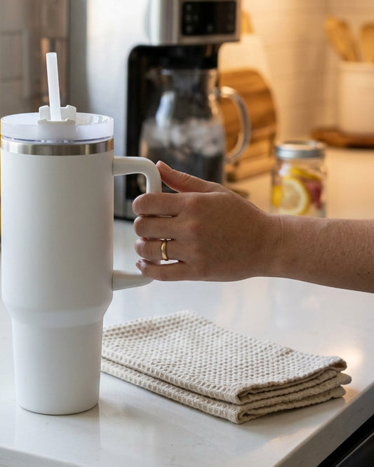 Nivt Handle Travel Tumbler Frost White Straw Lid 32 oz - Lifestyle view